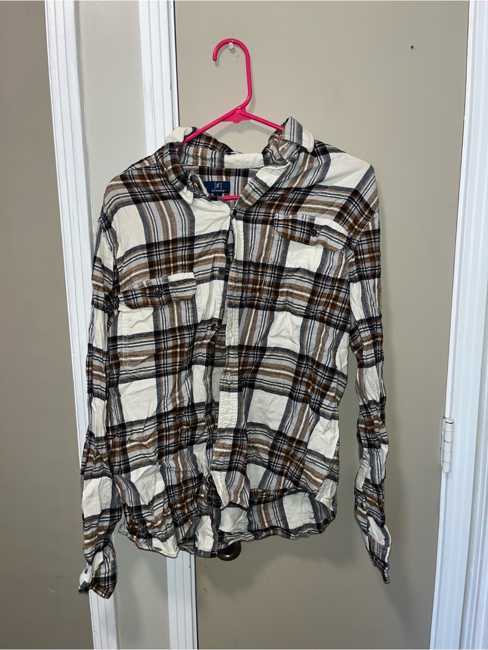 George Cream and Brown Plaid Casual Button-Down Shirt